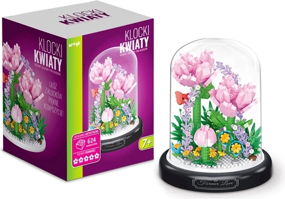 Stavebnice květiny růžové tulipány pod průhledným kloboukem 624 dílků