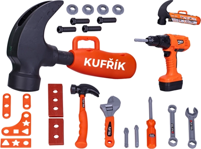 Dětská sada nářadí s akumulátorovou vrtačkou v kufříku ve tvaru kladiva