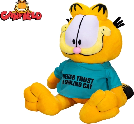 Plyšový kocour GARFIELD 28 cm – tričko „Never trust a smiling cat“