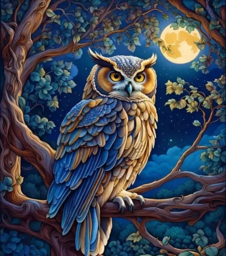 Diamantové malování – sova při úplňku 30 × 40 cm