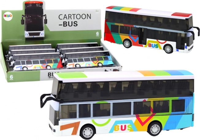 Dvoupodlažní barevný kovový autobus se setrvačníkovým pohonem, světly a zvuky