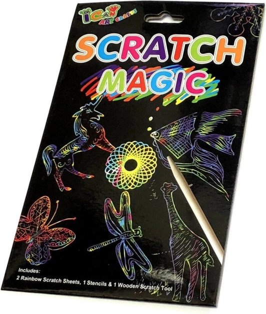 Duhové škrabací listy se šablonami a dřevěným perem