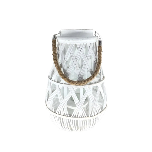 Bílý proutěný lampion se skleněnou vložkou 27 × 42 cm