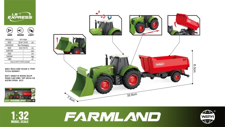 Zelený traktor s červeným přívěsem, světlem a zvukem 1:32
