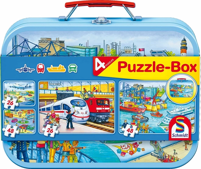 Puzzle doprava 4v1 v plechovém kufříku