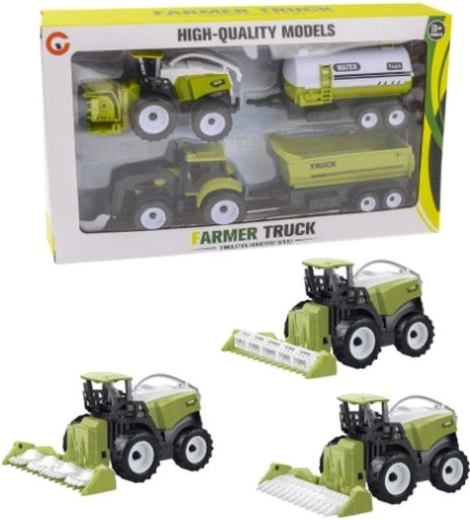 Sada zemědělských vozidel kombajn a traktor s přívěsy