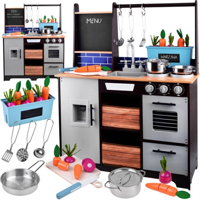 Dřevěná loftová dětská kuchyňka s lednicí