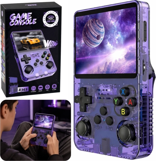 Přenosná retro herní konzole R36S s IPS displejem 3,5" fialová