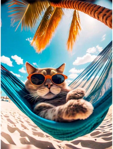 Diamantové malování – kočka v houpací síti 30 × 40 cm