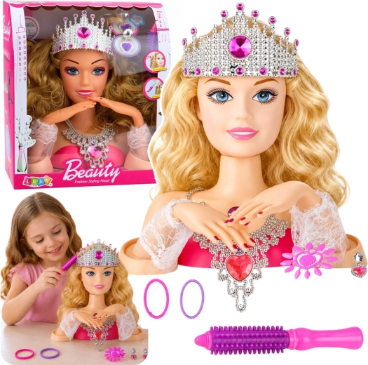 Hlava panenky pro česání a styling vlasů s doplňky