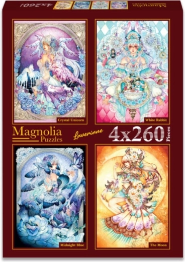 Magnolia puzzle křišťálový jednorožec, bílý králík, půlnoční modř a měsíc 4×260 dílků