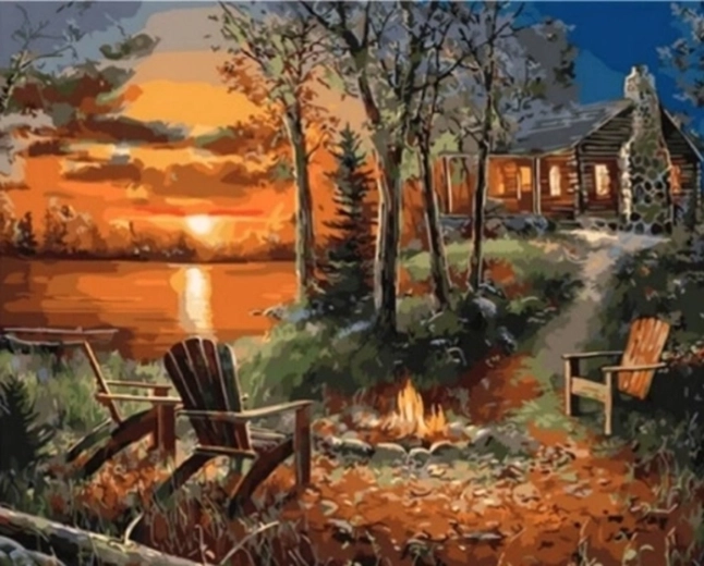 Norimpex Malování podle čísel Dům s krbem při západu slunce 40 × 50 cm
