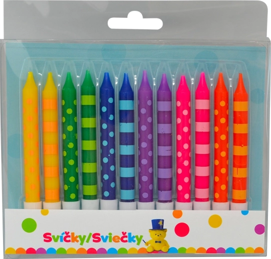 Narozeninové svíčky 8 cm s puntíky a pruhy, 12 ks