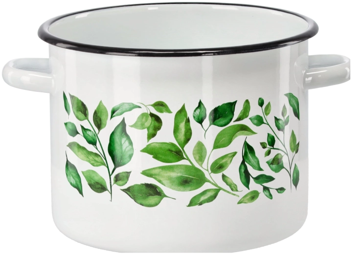 Smaltovaný hrnec 5,5 l 22 cm bílý s motivem Fikus