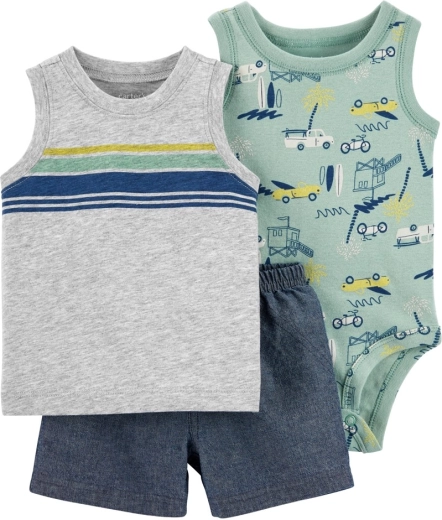 Carter's 3dílná sada pro kluky Grey Cars (body bez rukávů, tílko a kraťasy)