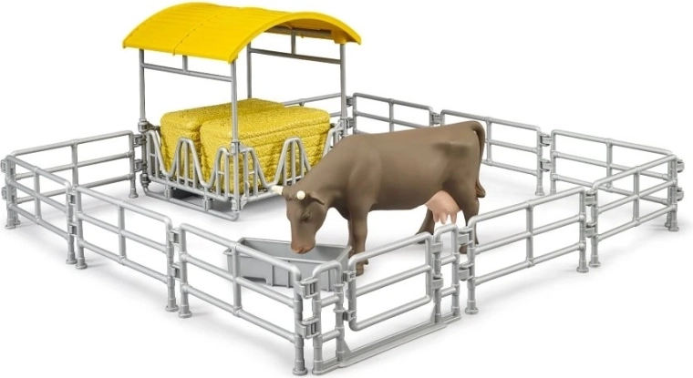 Bruder seník s ohradami a krávou – farmářský herní set