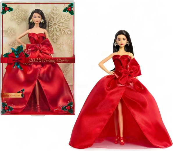 Mattel Barbie Signature vánoční sběratelská panenka 2026 černovlasá v červených šatech
