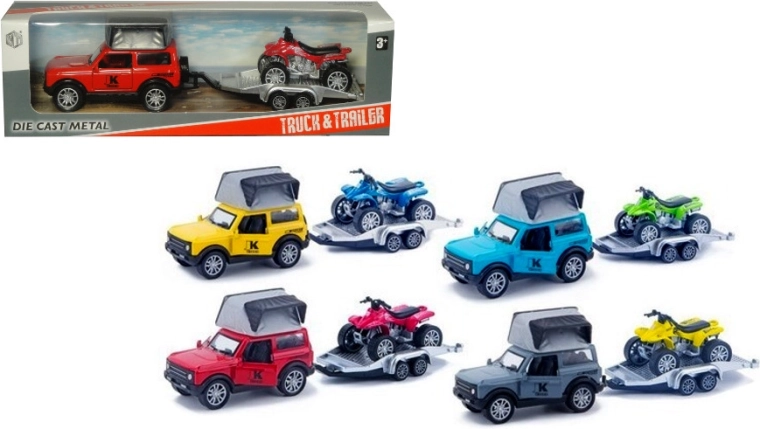 Kovové terénní auto s přívěsem a čtyřkolkou