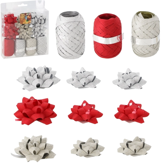 Sada na balení dárků – zlatá, červená a stříbrná (4 stuhy + 11 mašlí)