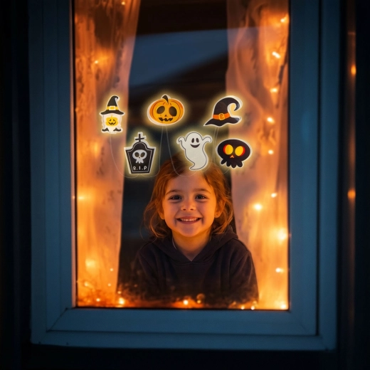 Halloweenská LED dekorace na okno s gelovými dýněmi 85 cm