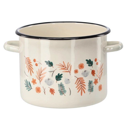 Emaliovaný hrnec 5,5 l, průměr 22 cm, krémový s motivem listů