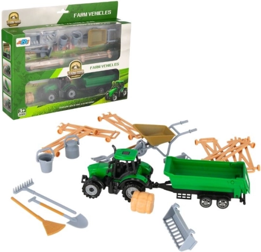 Traktor s přívěsem a farmářským příslušenstvím