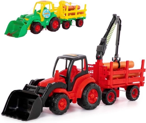 Traktor s čelní lopatou a lesnickým přívěsem