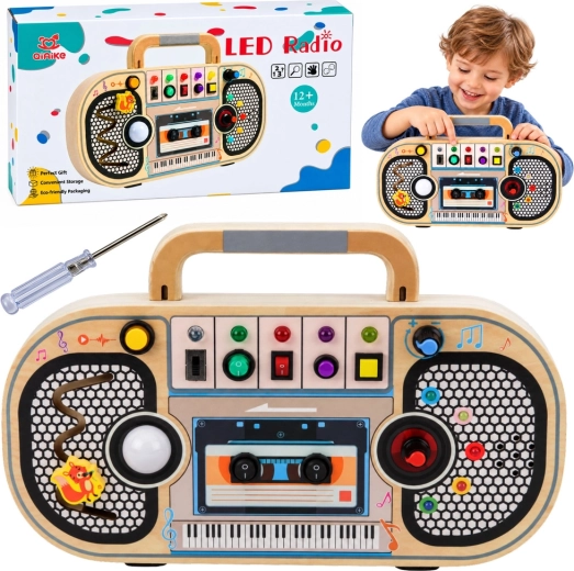Dřevěné interaktivní senzorické rádio se světly LED a zvuky