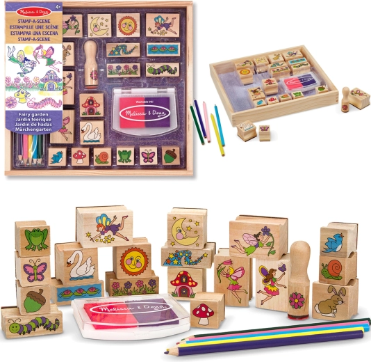 Melissa & Doug kreativní sada dřevěná razítka vílí zahrada (20 motivů, inkoust a pastelky)