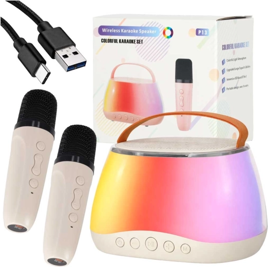 Karaoke set s bluetooth reproduktorem, LED RGB a dvěma bezdrátovými mikrofony