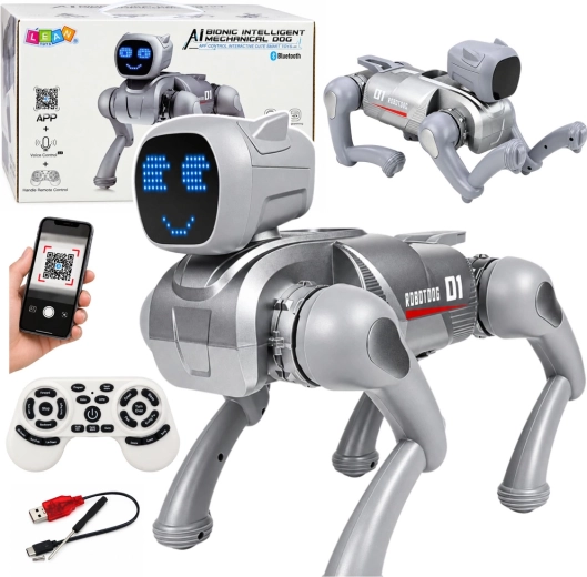 Interaktivní robotický pes AI na dálkové ovládání se stříbrným LED displejem