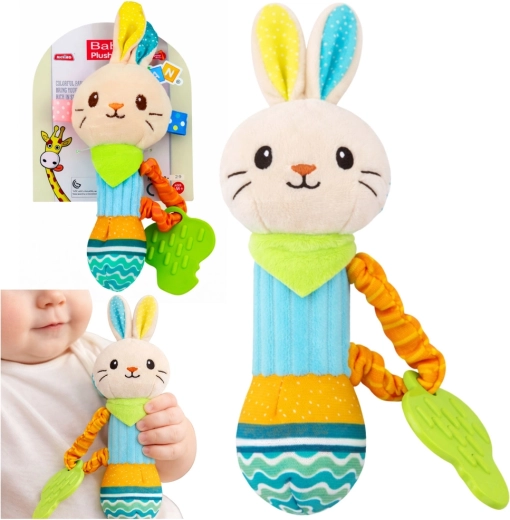 Plyšová chrastítko králíček s kousátkem a pískátkem pro miminka