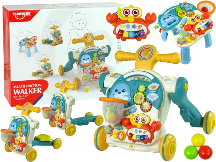 Pchací chodítko 4v1 s edukativním stolkem, odrážedlem a koloběžkou – modré