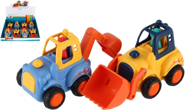 Plastová stavební autíčka 12–14 cm na setrvačník, mix druhů, 8 ks v boxu