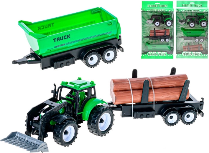 Zelený traktor s předním nakladačem a 2 vyměnitelnými vlečkami na setrvačník