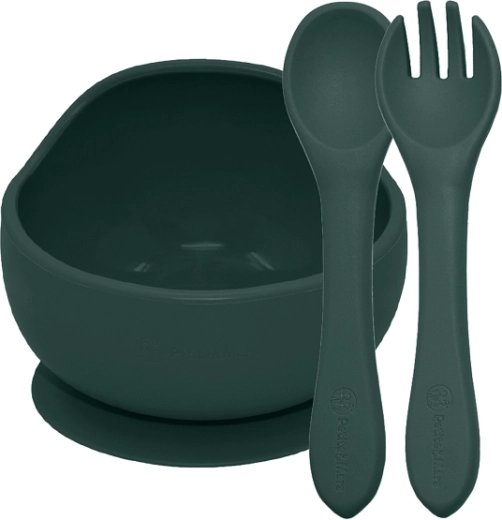 Silikonový jídelní set s přísavkou Misty Green (miska + příbor) 6m+