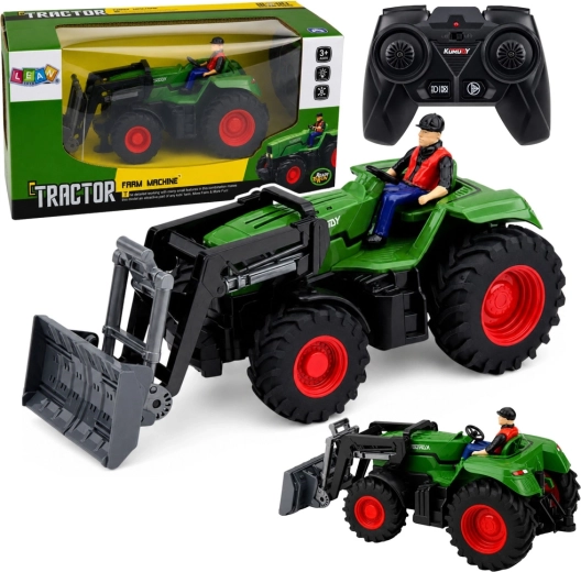 Traktor na dálkové ovládání RC se čelním nakladačem a figurkou farmáře 1:24