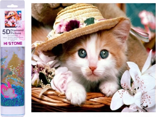 Diamantové malování kotě se slamákem 30 × 40 cm