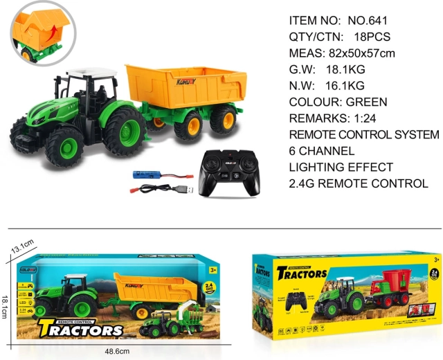 Traktor na dálkové ovládání s otevírací žlutou návěsou 1:24
