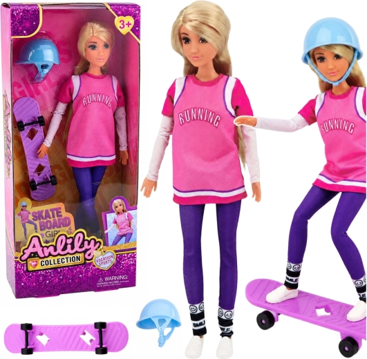 Anlily skateboardistka – panenka s fialovým skateboardem a helmou 30 cm