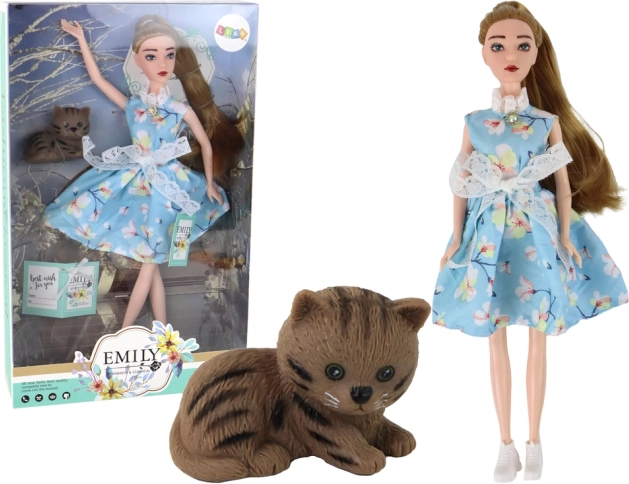 Panenka Emily jarní s dlouhými vlasy v modrých šatech a koťátkem