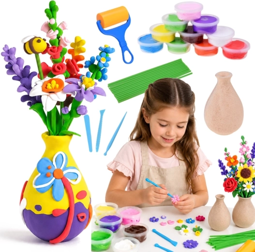 Kreativní DIY sada na výrobu květin z lehké samoschnoucí hmoty s vázou (28 dílů)