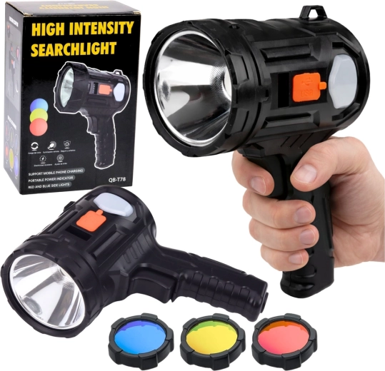 solární LED ruční reflektor se 6 režimy a výměnnými filtry 19 cm