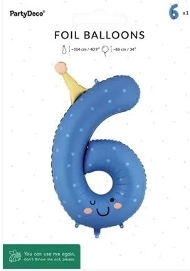 PartyDeco fóliový balónek číslo 6 modrý 86 cm