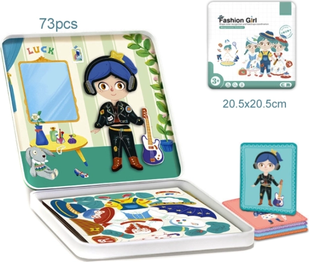 Skládačka oblékání dívky – modelka v kovové krabičce