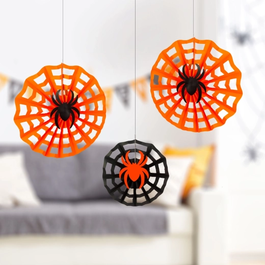 Halloweenská papírová dekorace pavučina s pavoukem 30/40 cm - 3 kusy