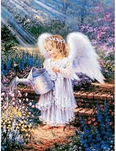 Diamantové malování Anděl s konví v zahradě 30 × 40 cm