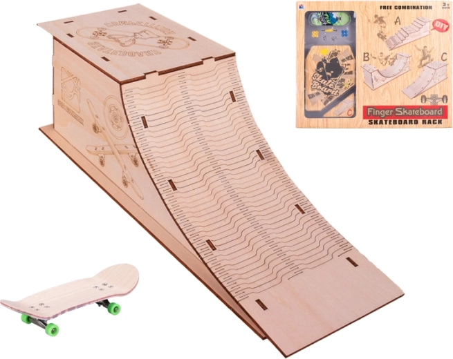 skateboard 10 cm s dřevěnou rampou – kovový mini fingerboard set