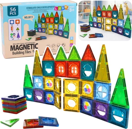Magnetické stavebnice 3D s okénky, barevné panely, 56 dílů