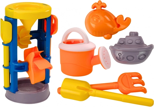 Velká sada na písek s mlýnkem, lopatkou, hráběmi, konvičkou a formičkami